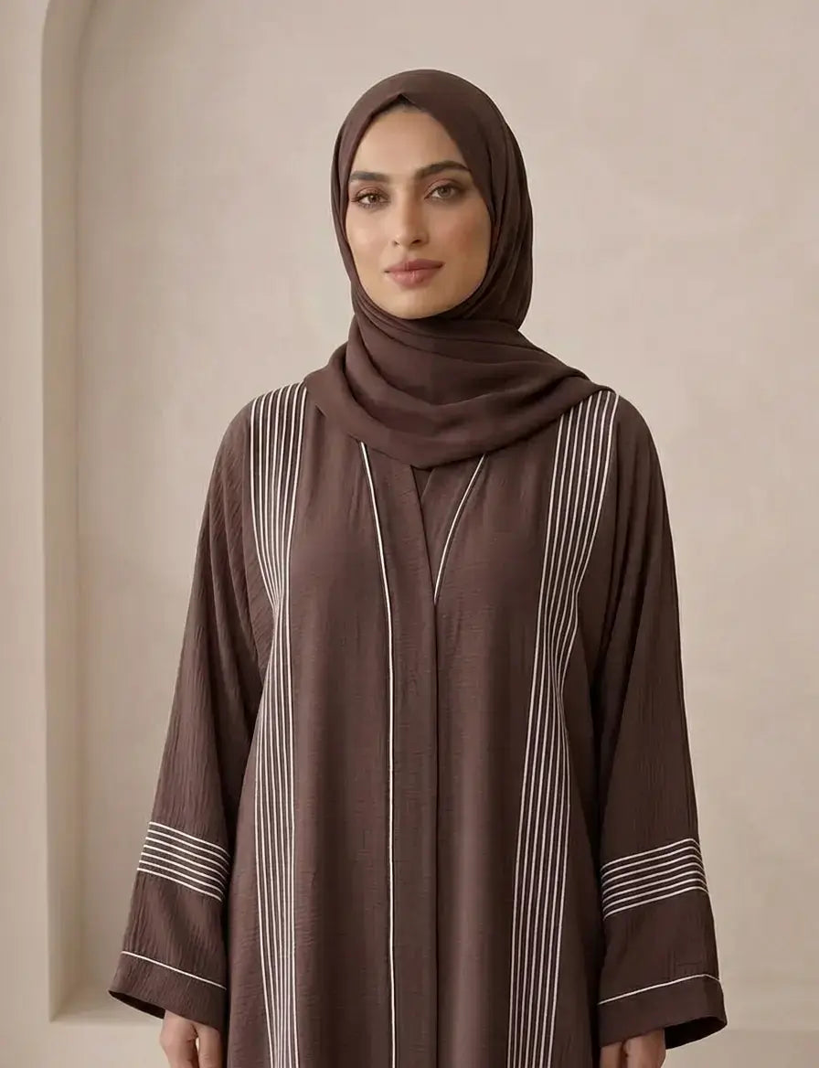Contrast Piping Crinkle Front Open Abaya –Only