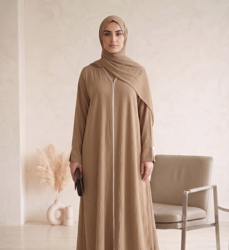 Slim Piping Crinkle Front Open Abaya – 2-Piece Casual Modest Fashion Canada