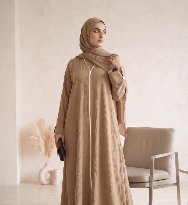 Slim Piping Crinkle Front Open Abaya – 2-Piece Casual Modest Fashion Canada