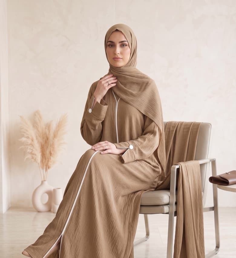 Slim Piping Crinkle Front Open Abaya – 2-Piece Casual Modest Fashion Canada