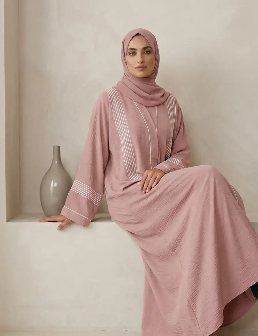 Contrast Piping Crinkle Front Open Abaya –Only
