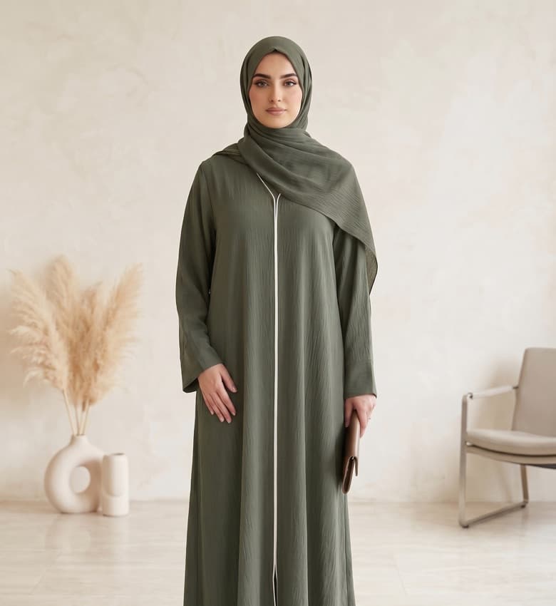 Slim Piping Crinkle Front Open Abaya – 2-Piece Casual Modest Fashion Canada