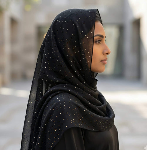 Black Sparkle Dot Chiffon Scarf – Detail View | North Abaya Canada