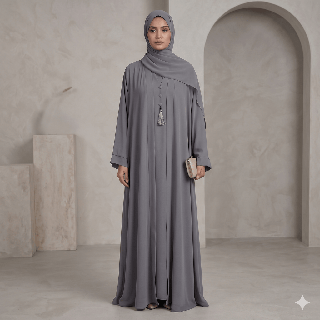 3PC Button-Hook Front Open Chiffon Abaya – Gown, Inner & Scarf