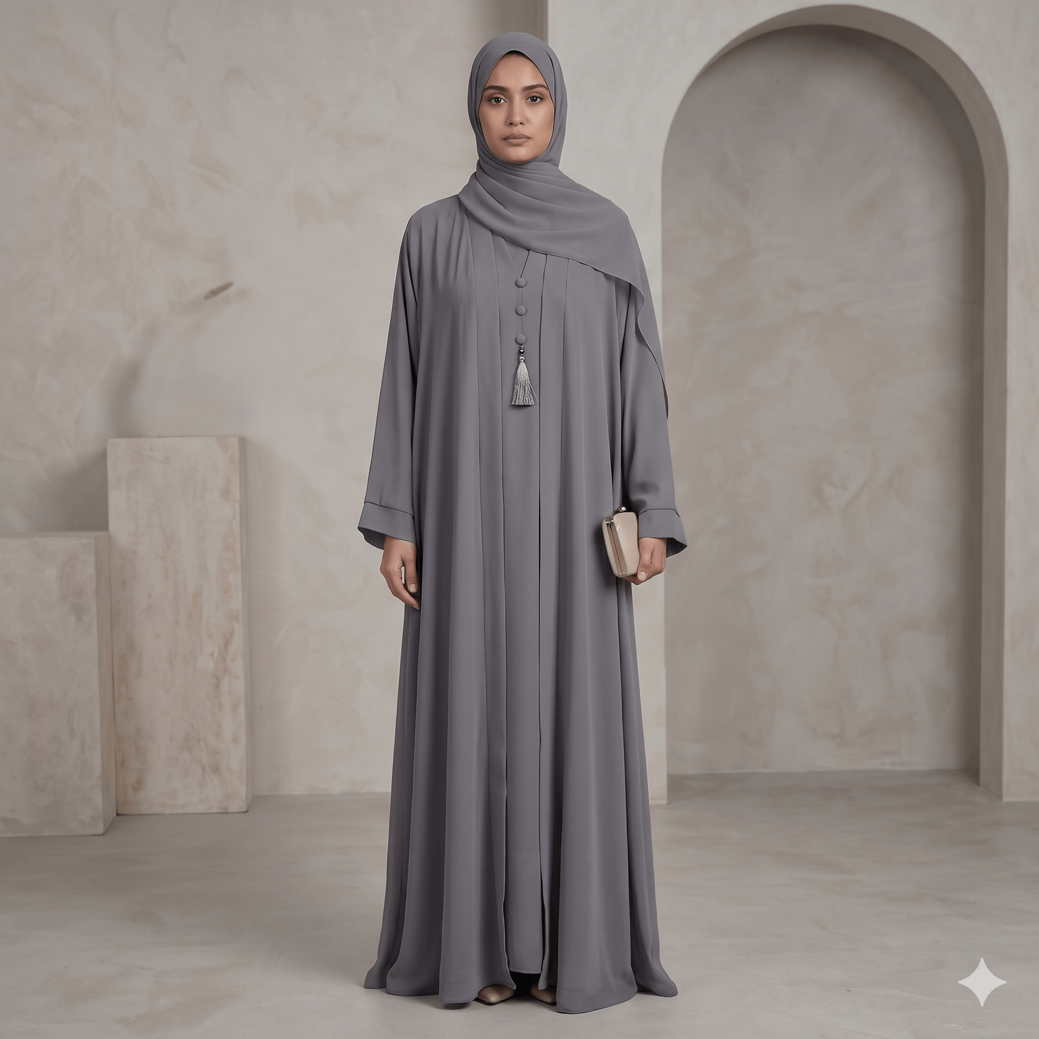 3PC Button-Hook Front Open Chiffon Abaya – Gown, Inner & Scarf