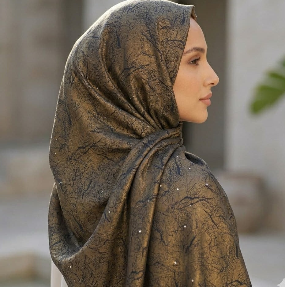 Olive Gold Glitter Floral Chiffon Scarf – Hijab Canada