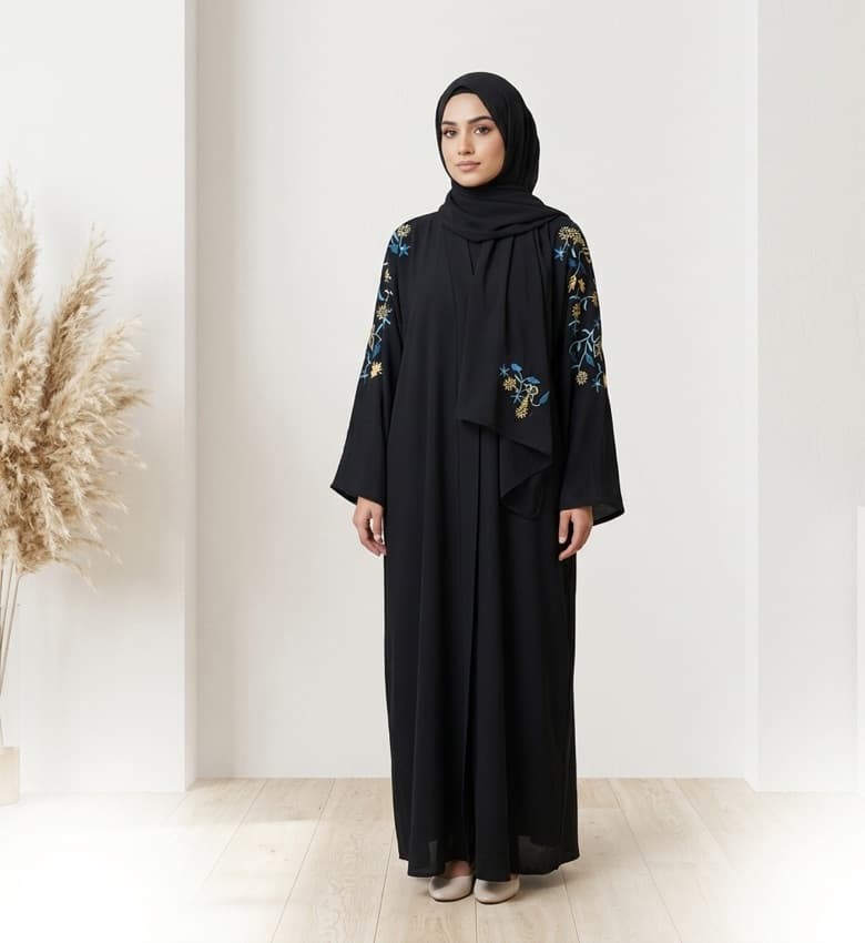 Teal Floral Embroidered Sleeve Abaya – 2-Piece Luxury Party Wear Modest Fashion Canada