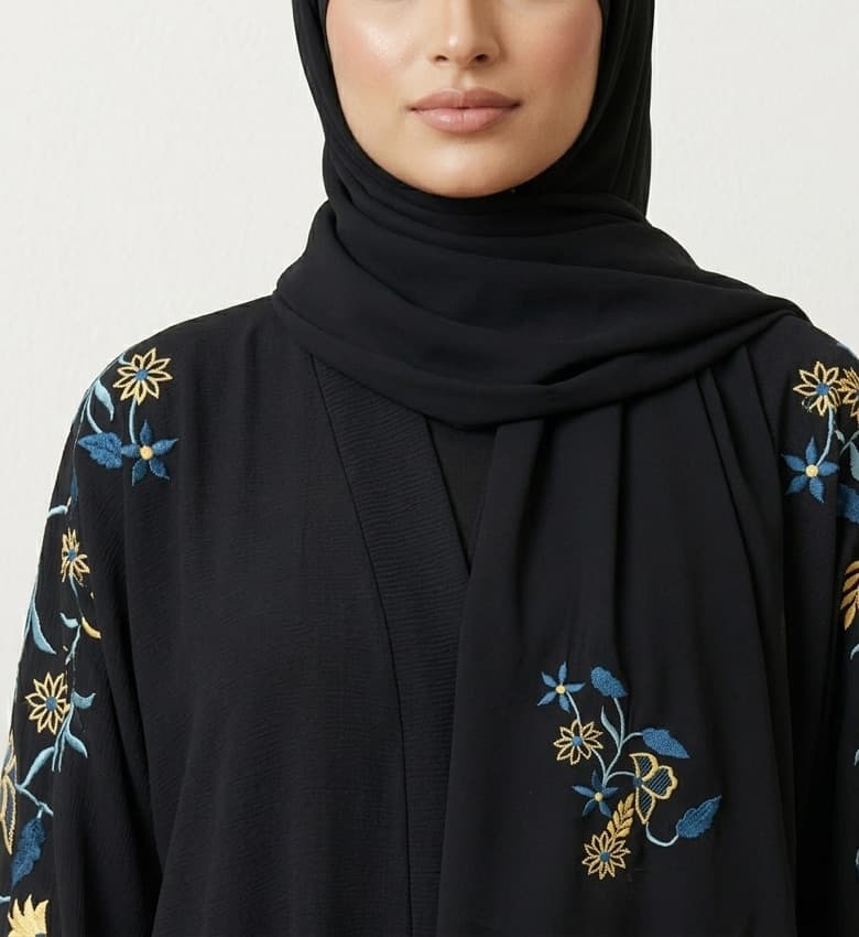 Teal Floral Embroidered Sleeve Abaya – 2-Piece Luxury Party Wear Modest Fashion Canada