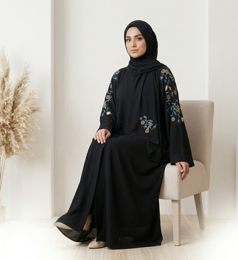 Teal Floral Embroidered Sleeve Abaya – 2-Piece Luxury Party Wear Modest Fashion Canada