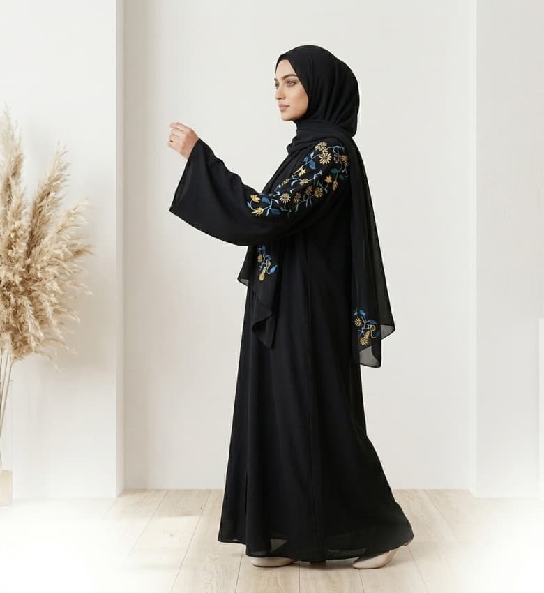 Teal Floral Embroidered Sleeve Abaya – 2-Piece Luxury Party Wear Modest Fashion Canada