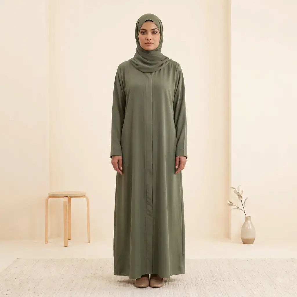 Everyday Open Abaya Set – Olive Green front view