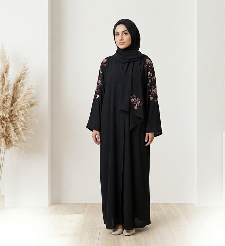 Teal Floral Embroidered Sleeve Abaya – 2-Piece Luxury Party Wear Modest Fashion Canada