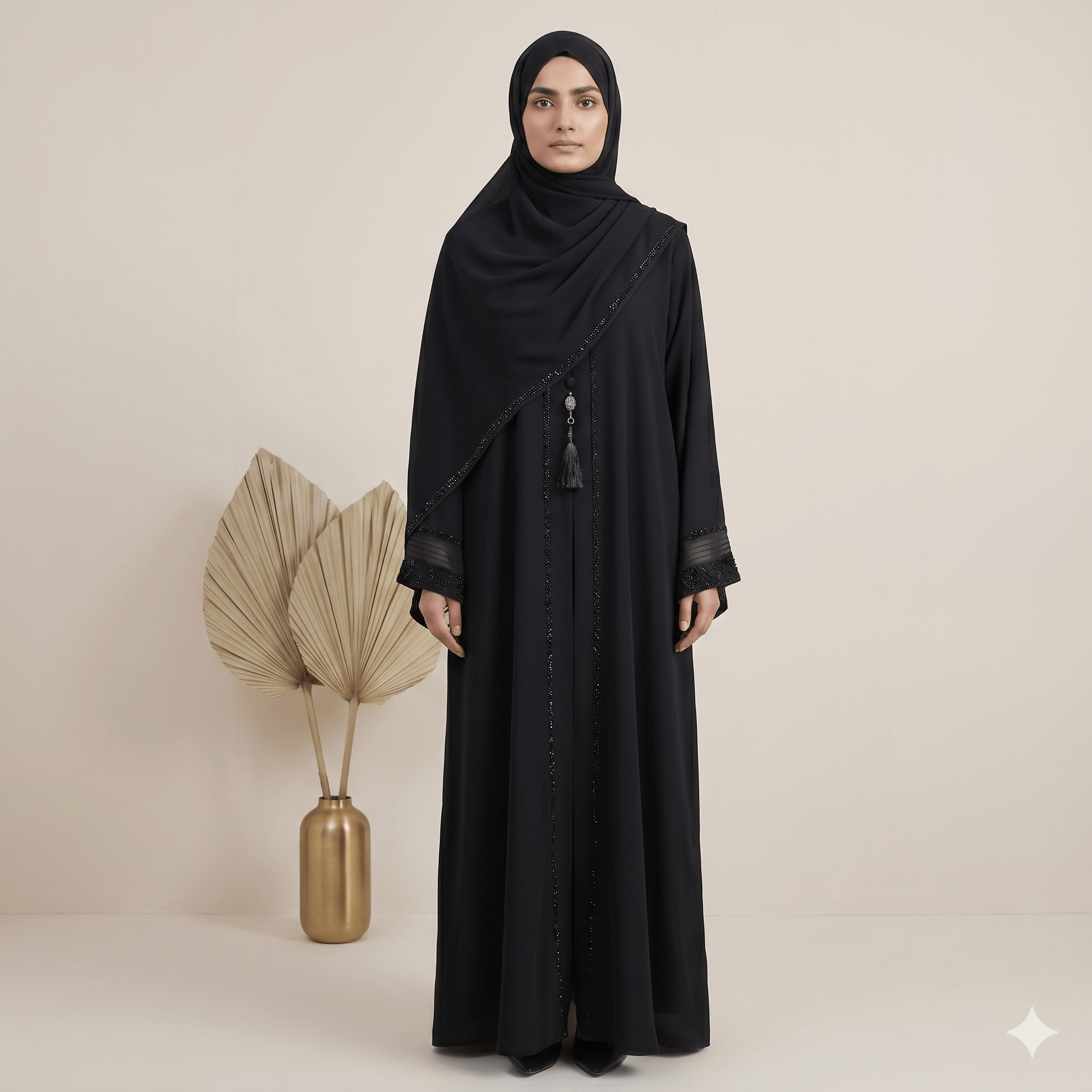 2PC Front Close Embellished Abaya – Nida Fabric | Black