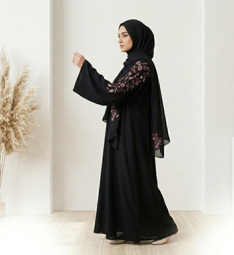 Teal Floral Embroidered Sleeve Abaya – 2-Piece Luxury Party Wear Modest Fashion Canada