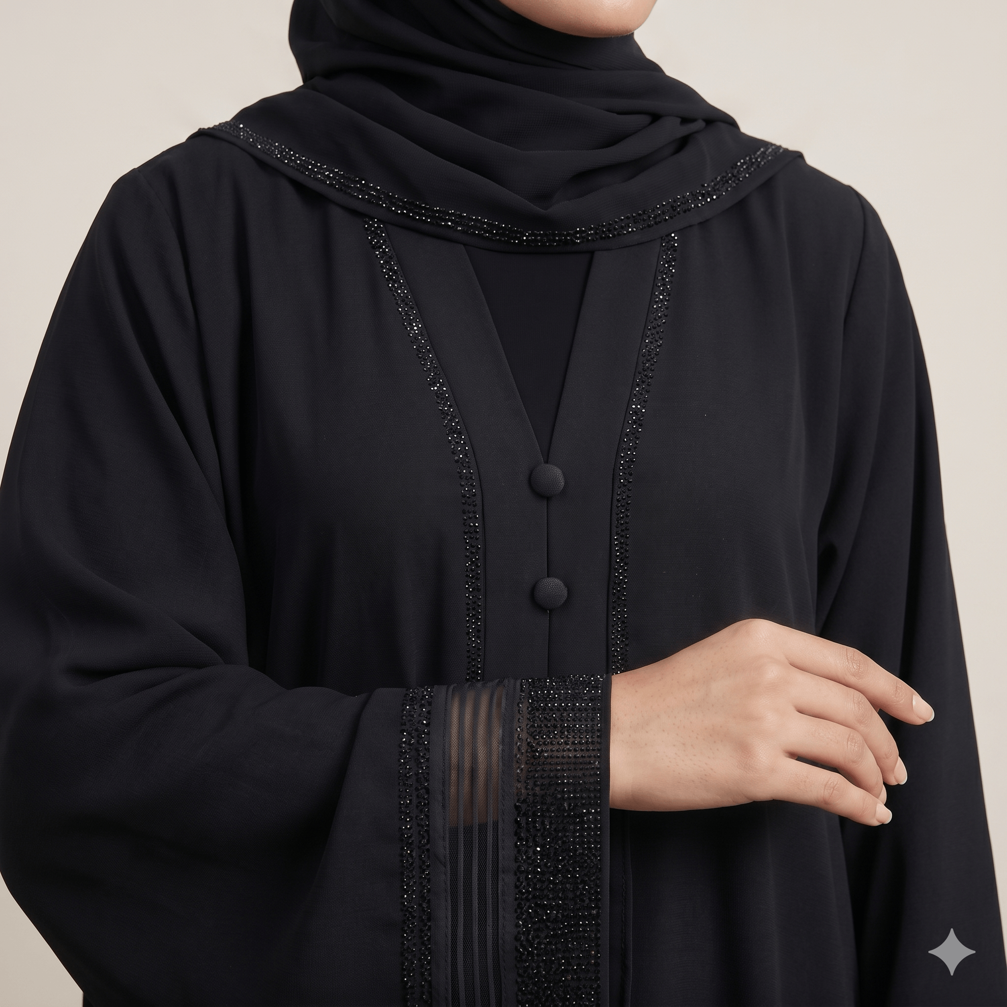 2PC Front Close Embellished Abaya – Nida Fabric | Black