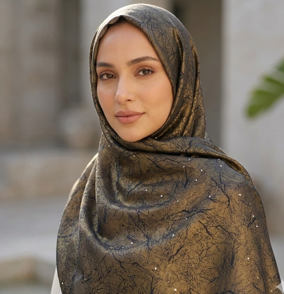 Olive Gold Glitter Floral Chiffon Scarf – Hijab Canada