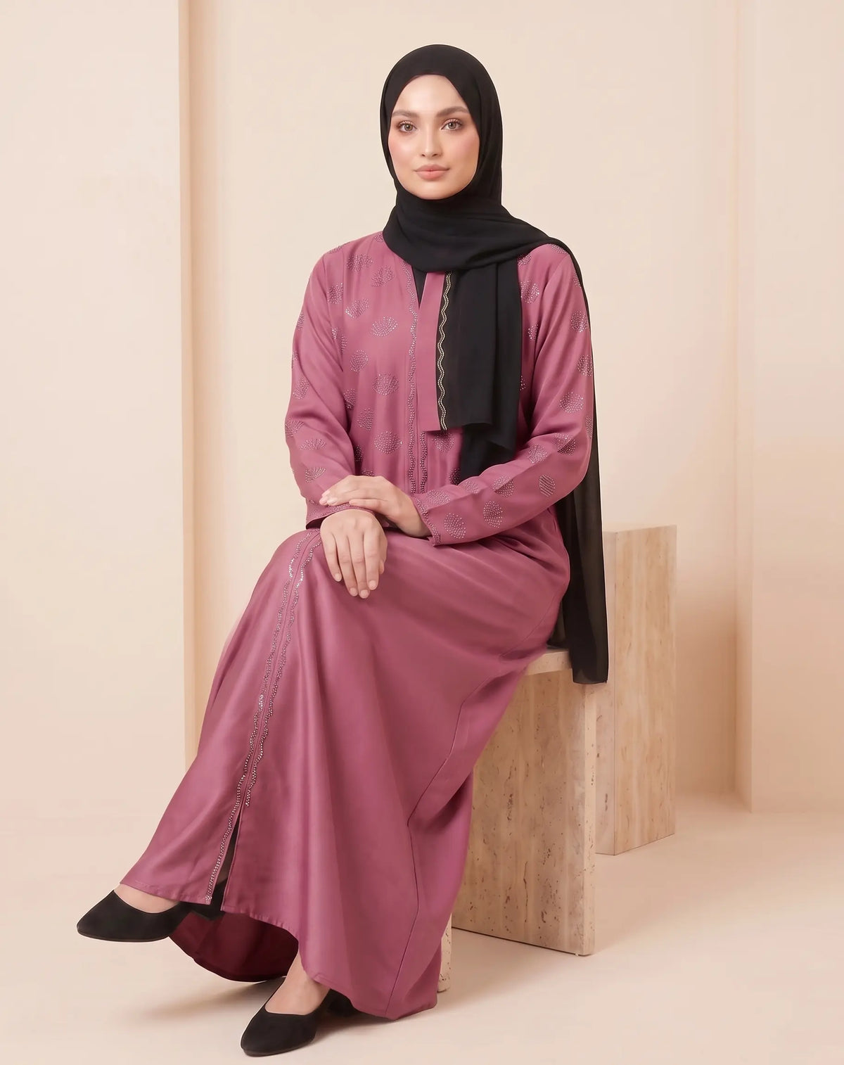 Blooming Bead Work Front Open Abaya in Pink – full length
