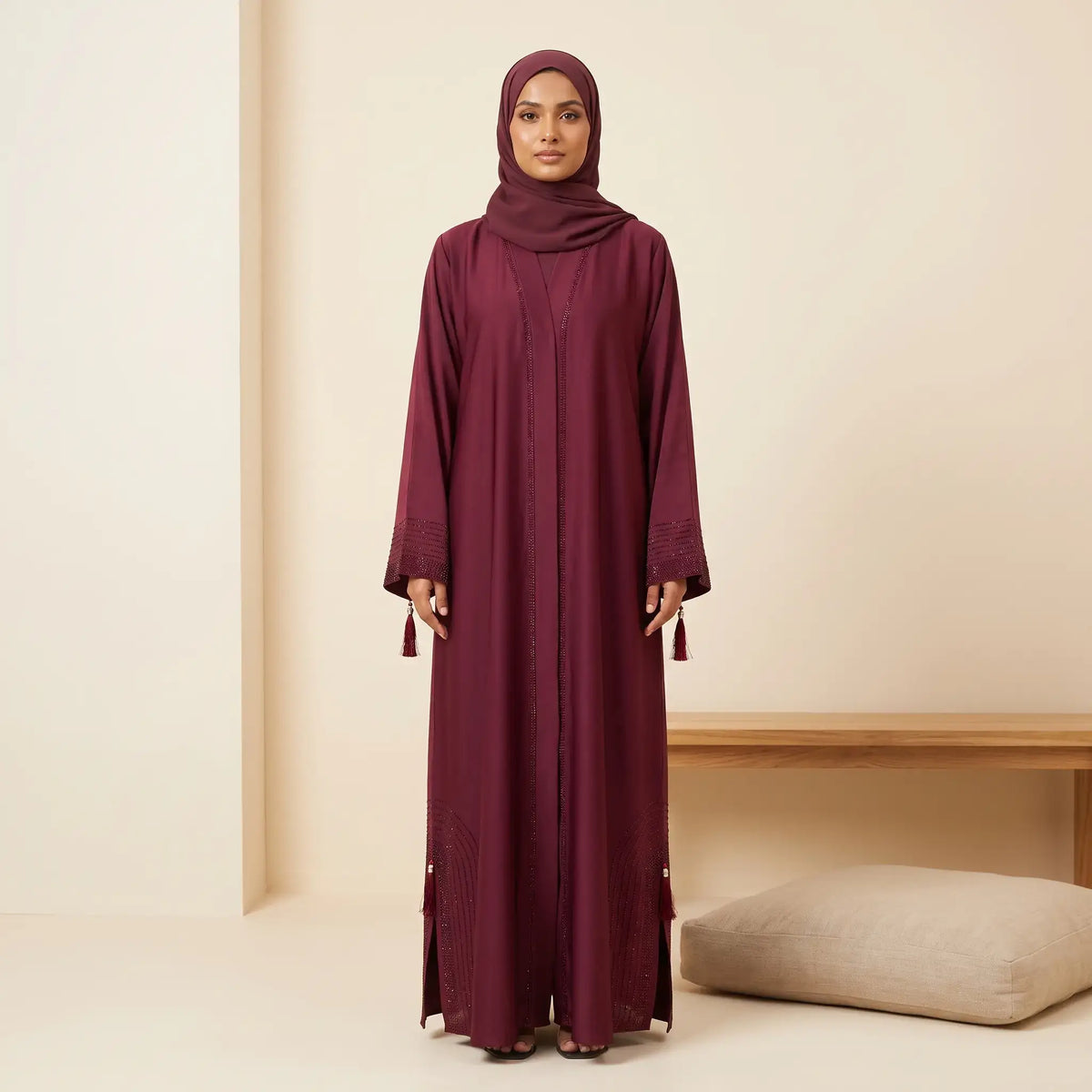 Crystal Stone Tassel Open-Front Abaya with Scarf – 2 Piece Set