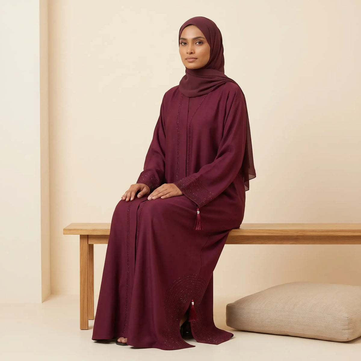 Crystal Stone Tassel Open-Front Abaya with Scarf – 2 Piece Set