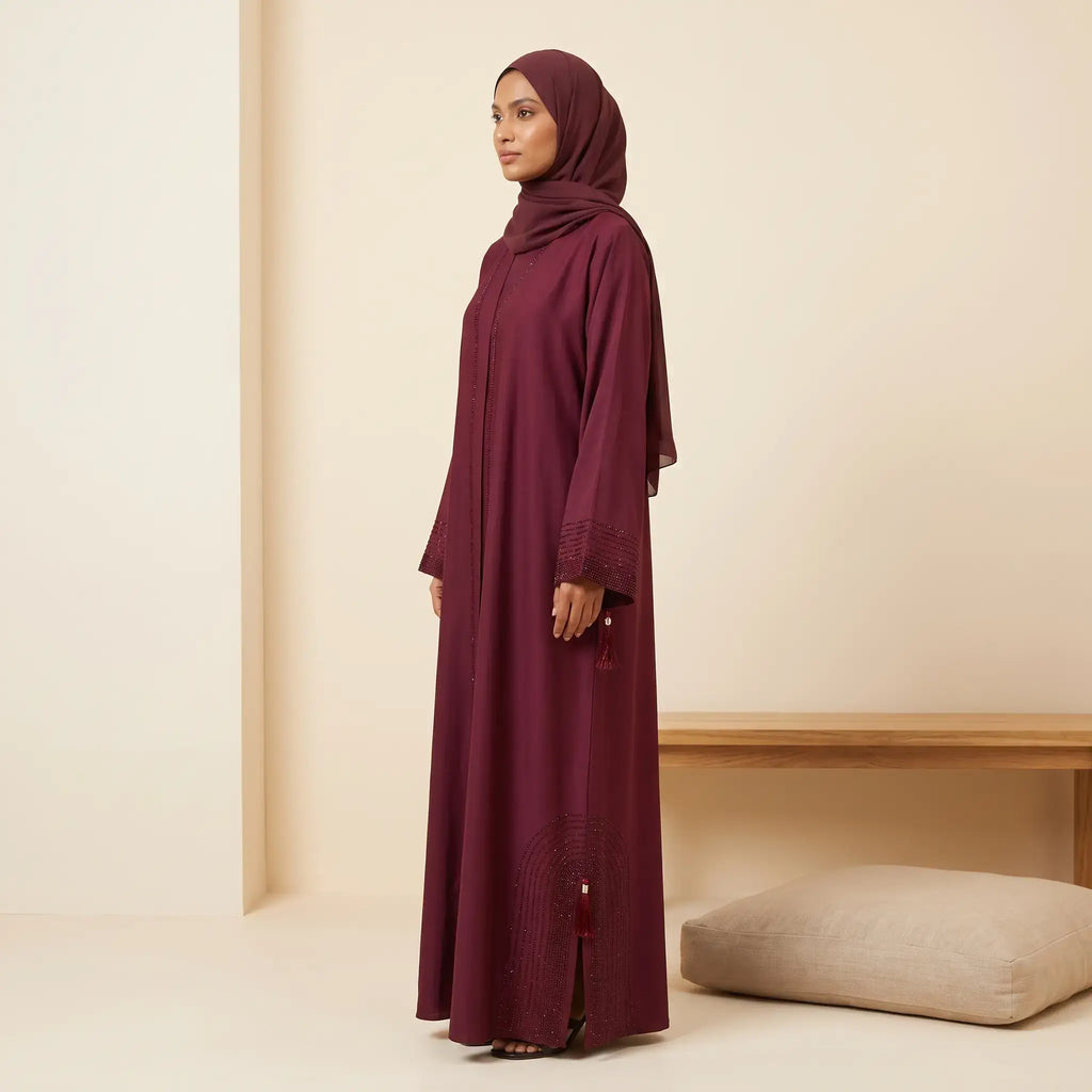 Crystal Stone Tassel Open-Front Abaya with Scarf – 2 Piece Set