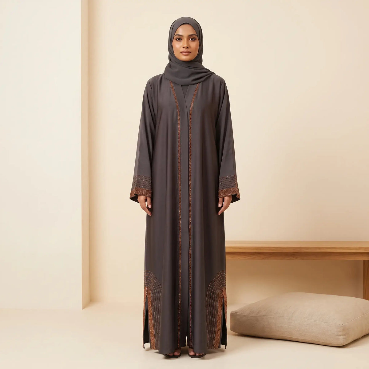 Crystal Stone Tassel Open-Front Abaya with Scarf – 2 Piece Set