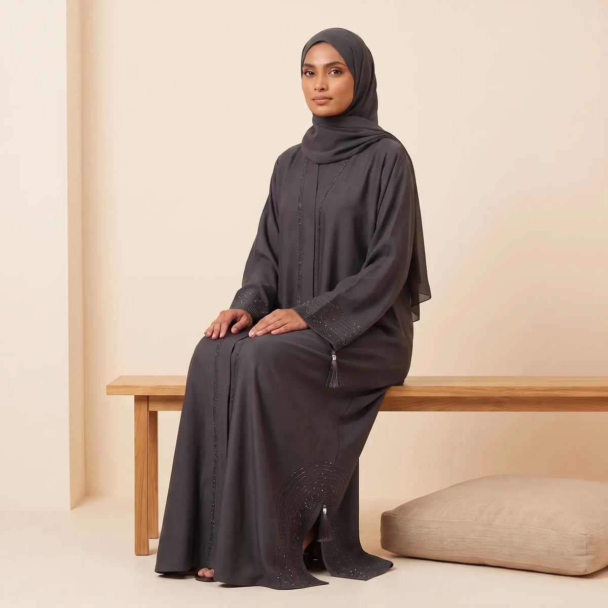 Crystal Stone Tassel Open-Front Abaya with Scarf – 2 Piece Set