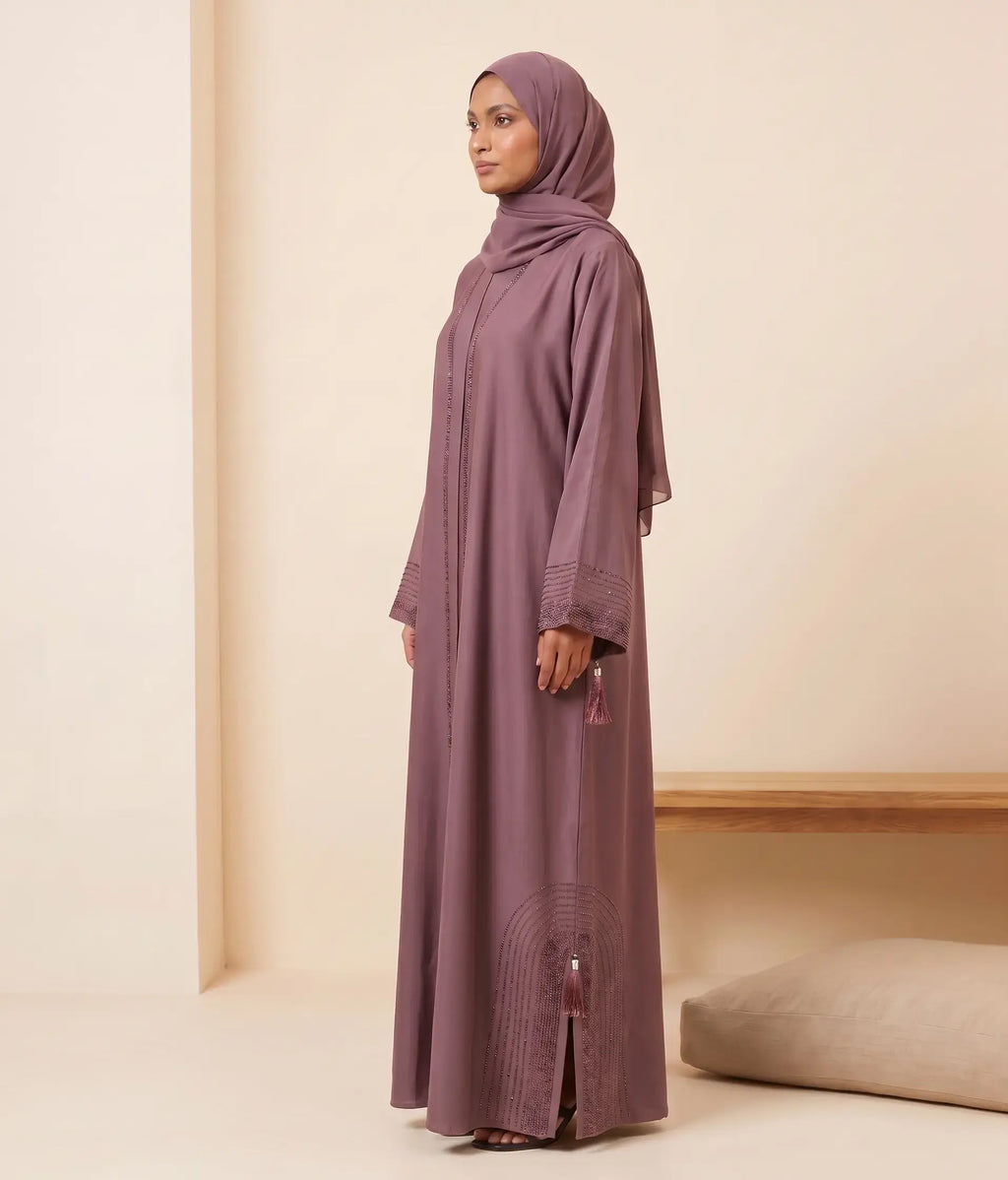 Crystal Stone Tassel Open-Front Abaya with Scarf – 2 Piece Set