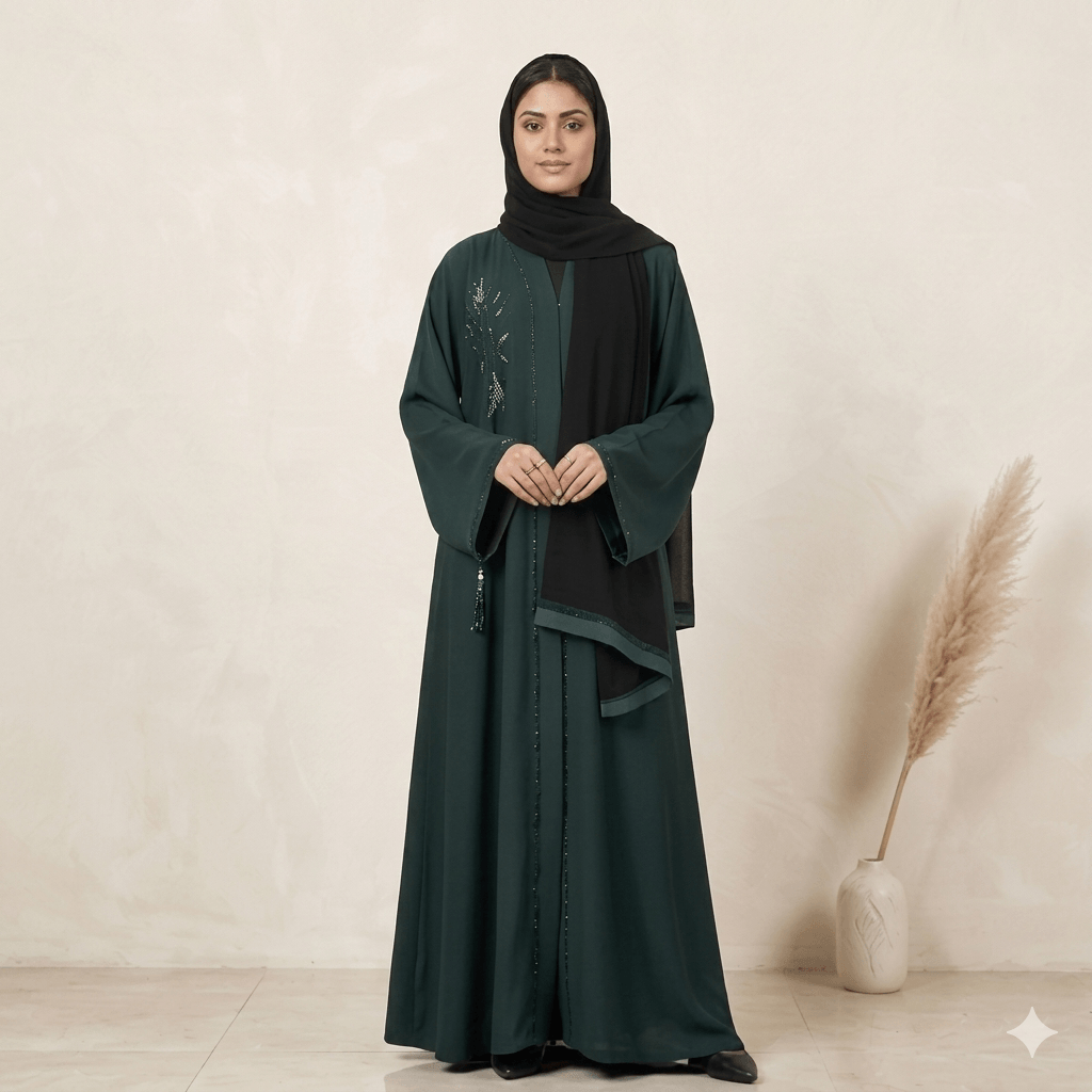 Floral Beaded Open-Front Abaya with Black Scarf – 2 Piece Set