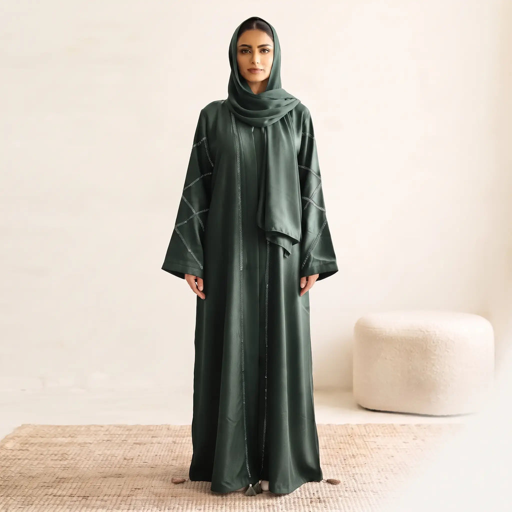 Crystal Criss-Cross Diamond Grid Tassel Front Open Abaya – 2-Piece Set