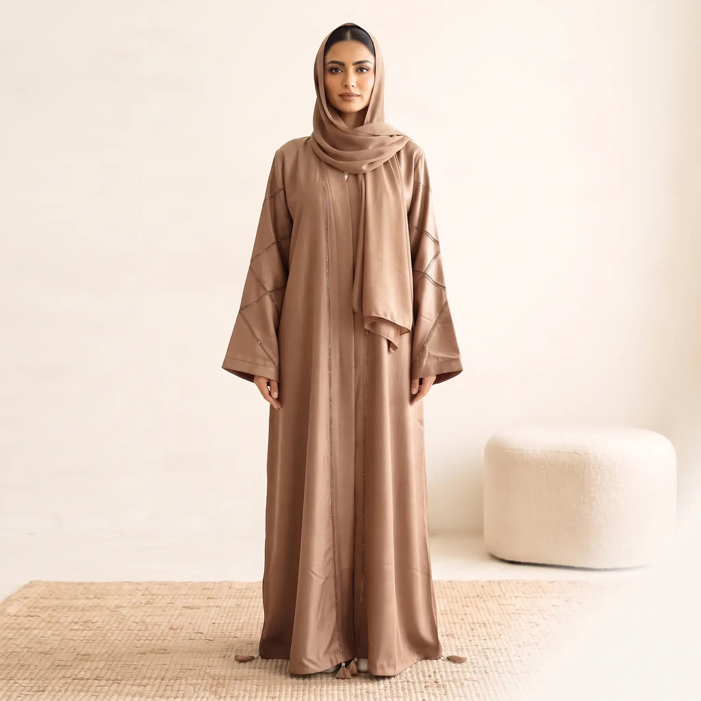 Crystal Criss-Cross Diamond Grid Tassel Front Open Abaya – 2-Piece Set