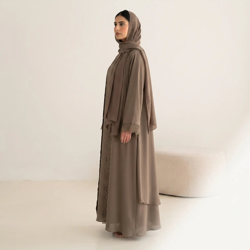 Tonal Lace Trim Front Open Abaya – 4-Piece Set with Inner, Belt & Scarf