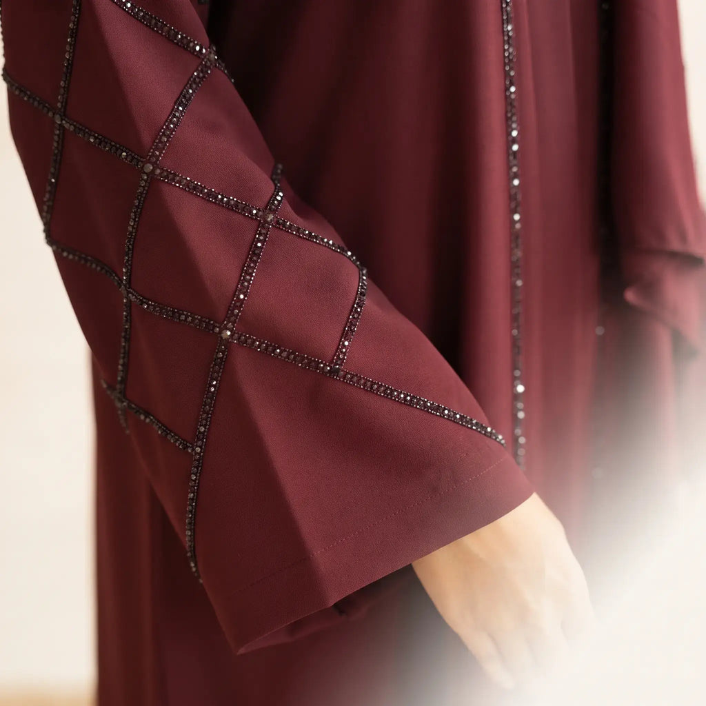 Crystal Criss-Cross Diamond Grid Tassel Front Open Abaya – 2-Piece Set