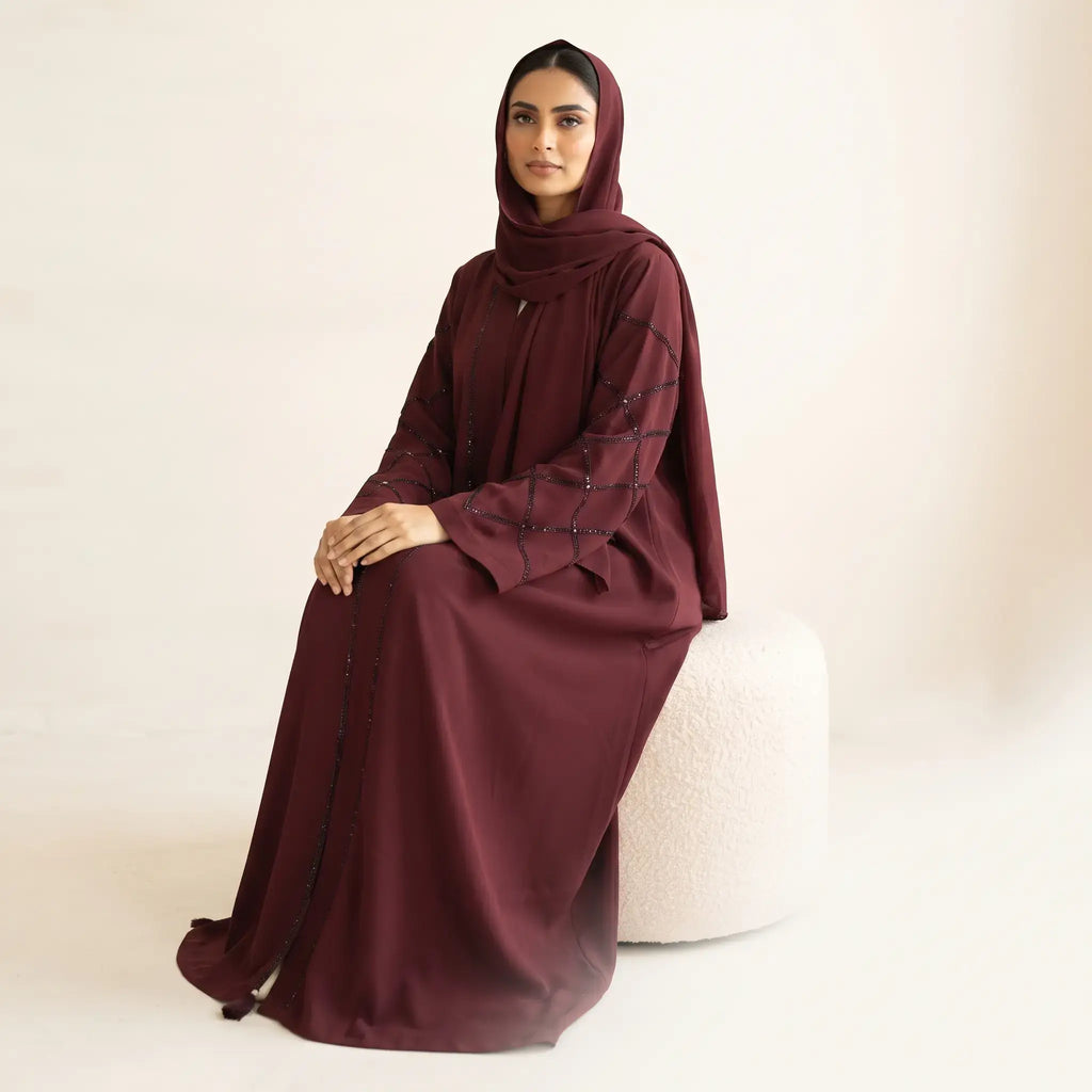 Crystal Criss-Cross Diamond Grid Tassel Front Open Abaya – 2-Piece Set
