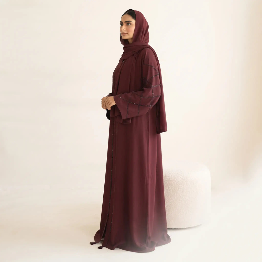 Crystal Criss-Cross Diamond Grid Tassel Front Open Abaya – 2-Piece Set