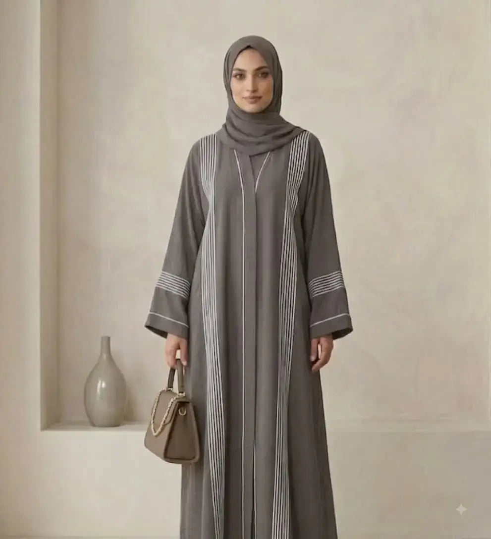 Contrast Piping Crinkle Front Open Abaya –Only