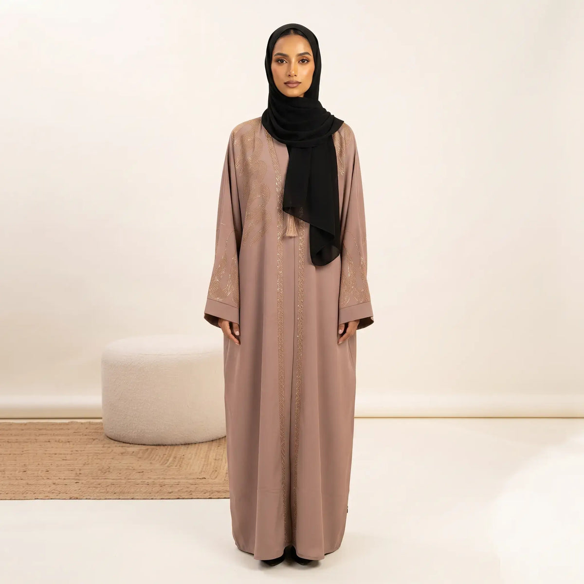 Crystal Flame Chevron Tassel Front Open Abaya – 2-Piece Set