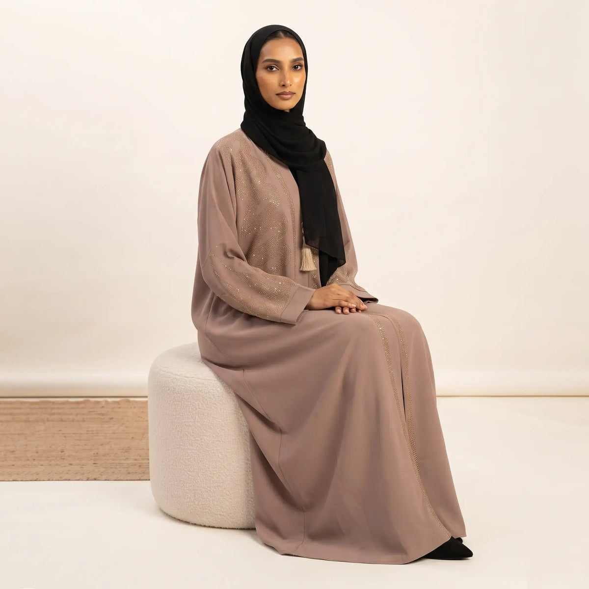 Crystal Flame Chevron Tassel Front Open Abaya – 2-Piece Set
