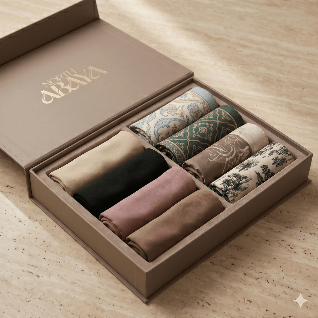 8 Scarf Bundle Box – 4 Solid & 4 Printed Luxury Hijabs | North Abaya