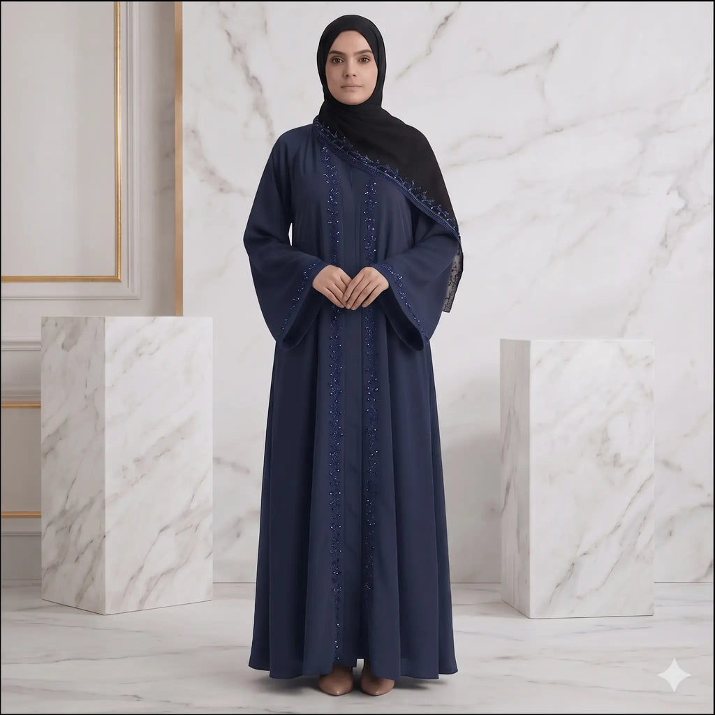 2PC Front Open Stone Work Abaya with Bell Sleeves