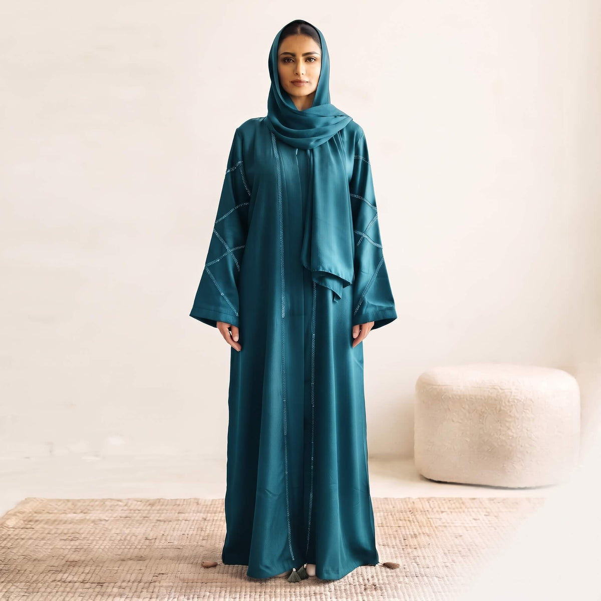 Crystal Criss-Cross Diamond Grid Tassel Front Open Abaya – 2-Piece Set
