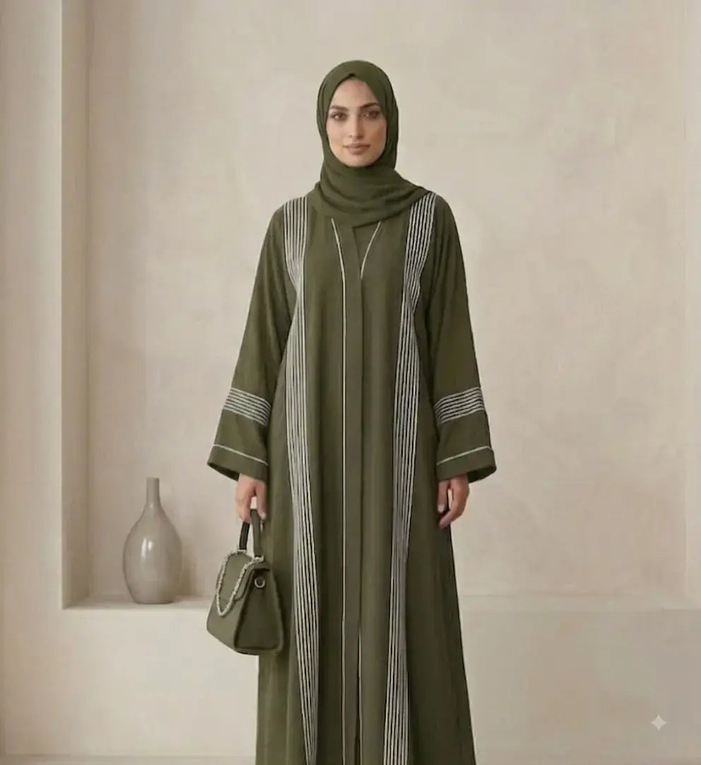 Contrast Piping Crinkle Front Open Abaya –Only