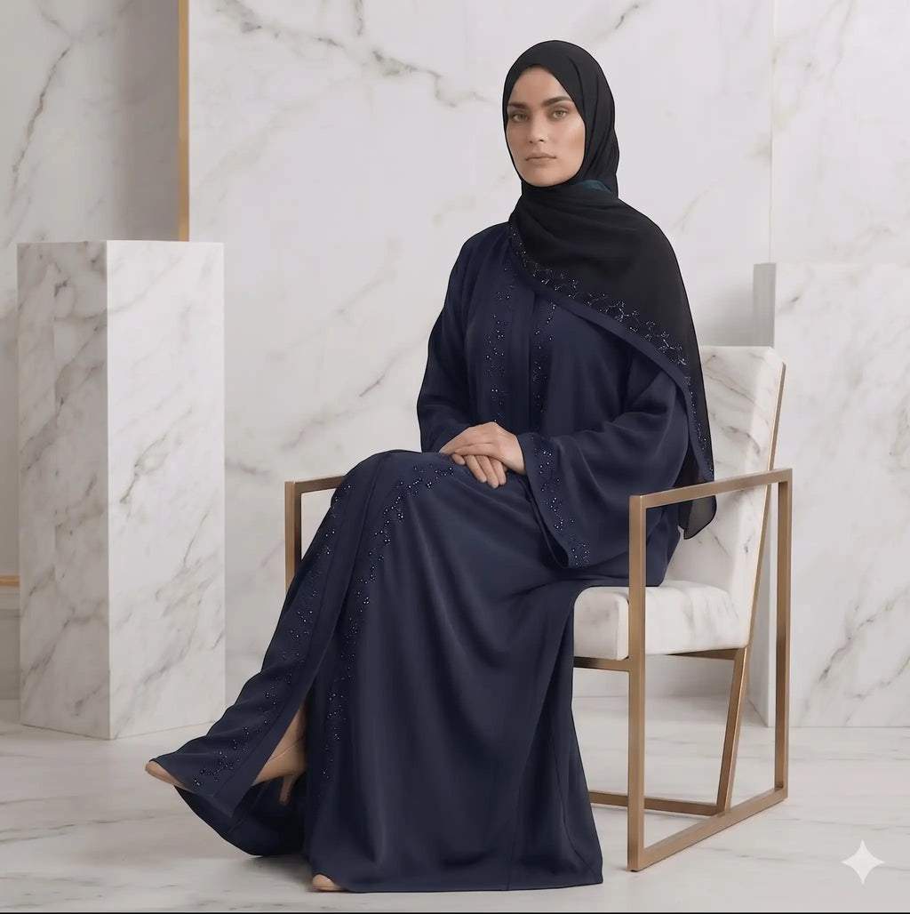 2PC Front Open Stone Work Abaya with Bell Sleeves