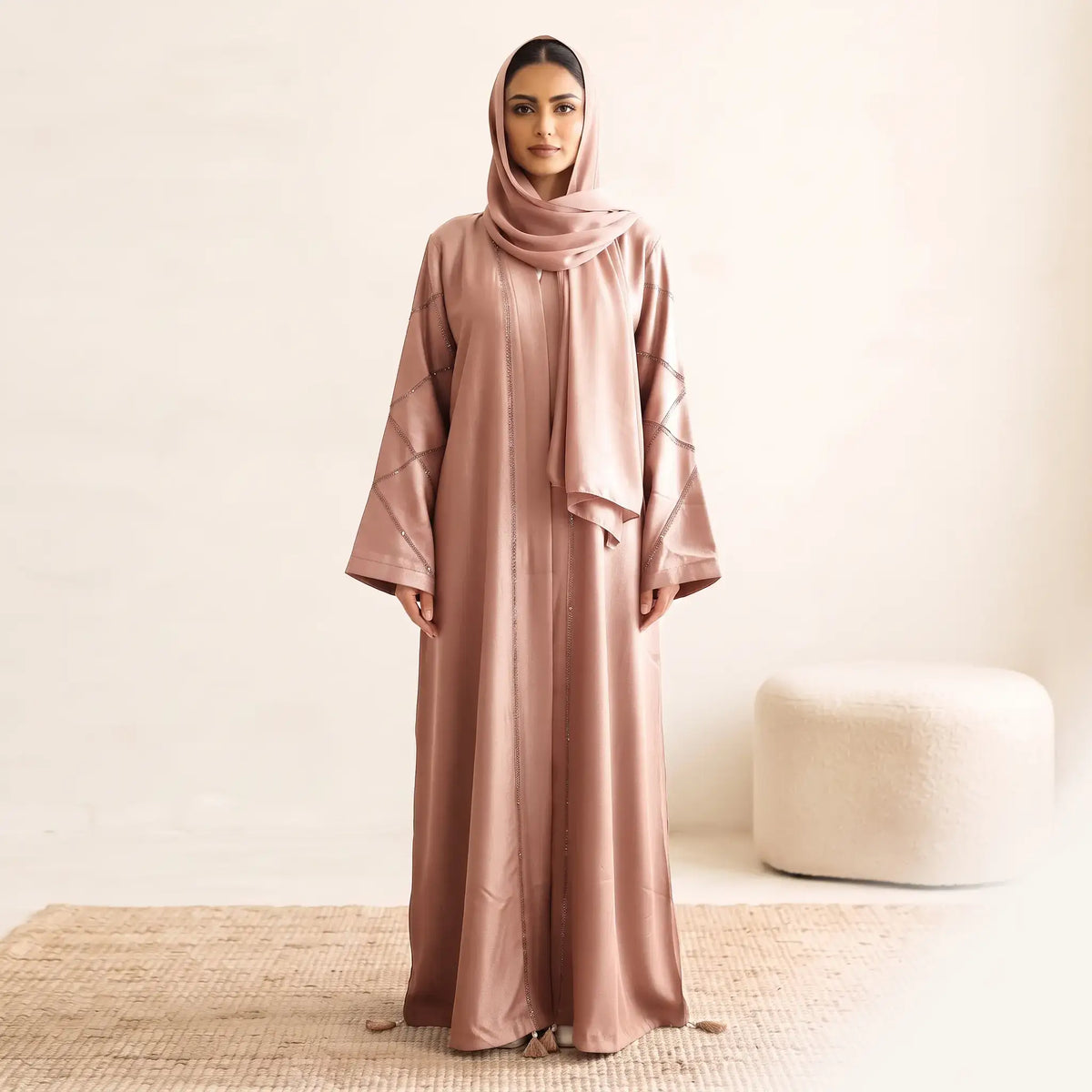 Crystal Criss-Cross Diamond Grid Tassel Front Open Abaya – 2-Piece Set