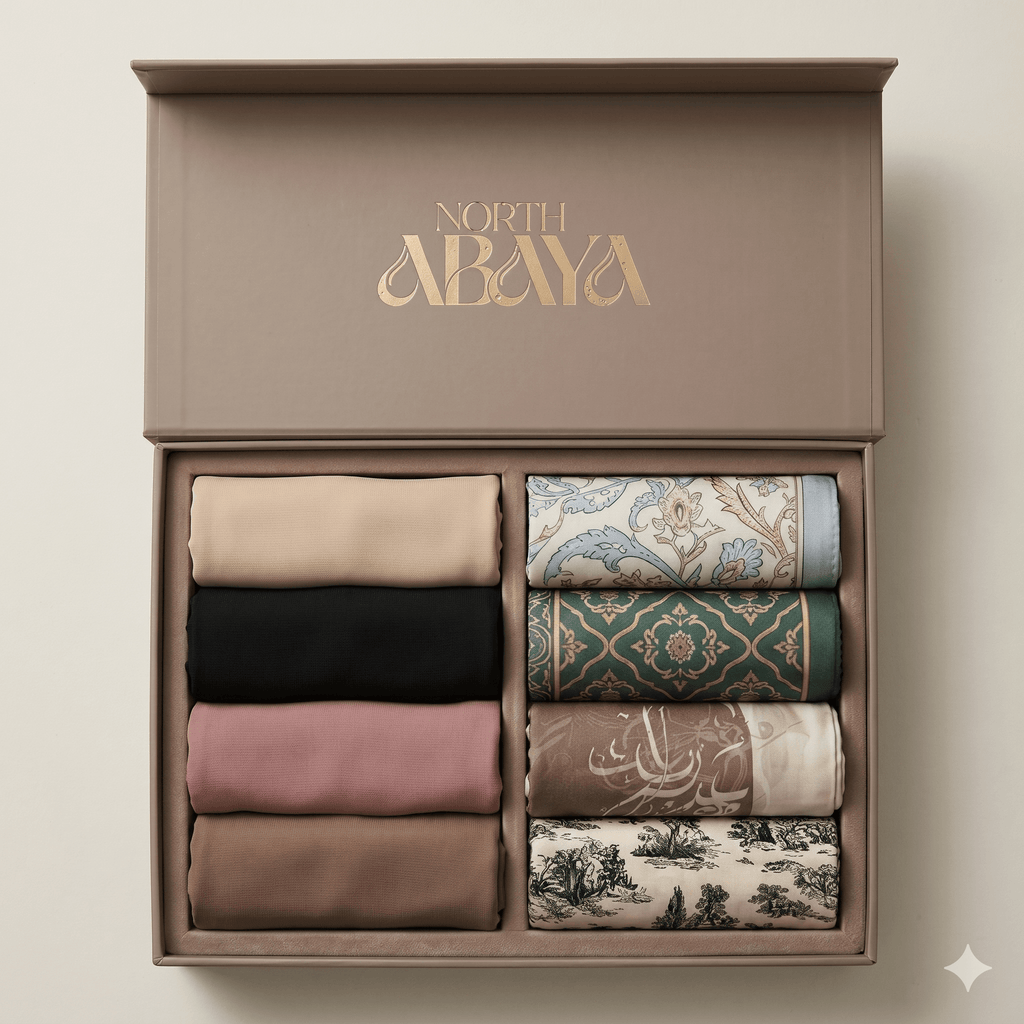 8 Scarf Bundle Box – 4 Solid & 4 Printed Luxury Hijabs | North Abaya