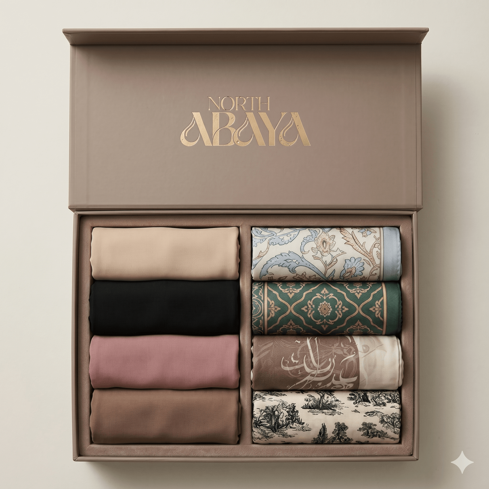 8 Scarf Bundle Box – 4 Solid & 4 Printed Luxury Hijabs | North Abaya