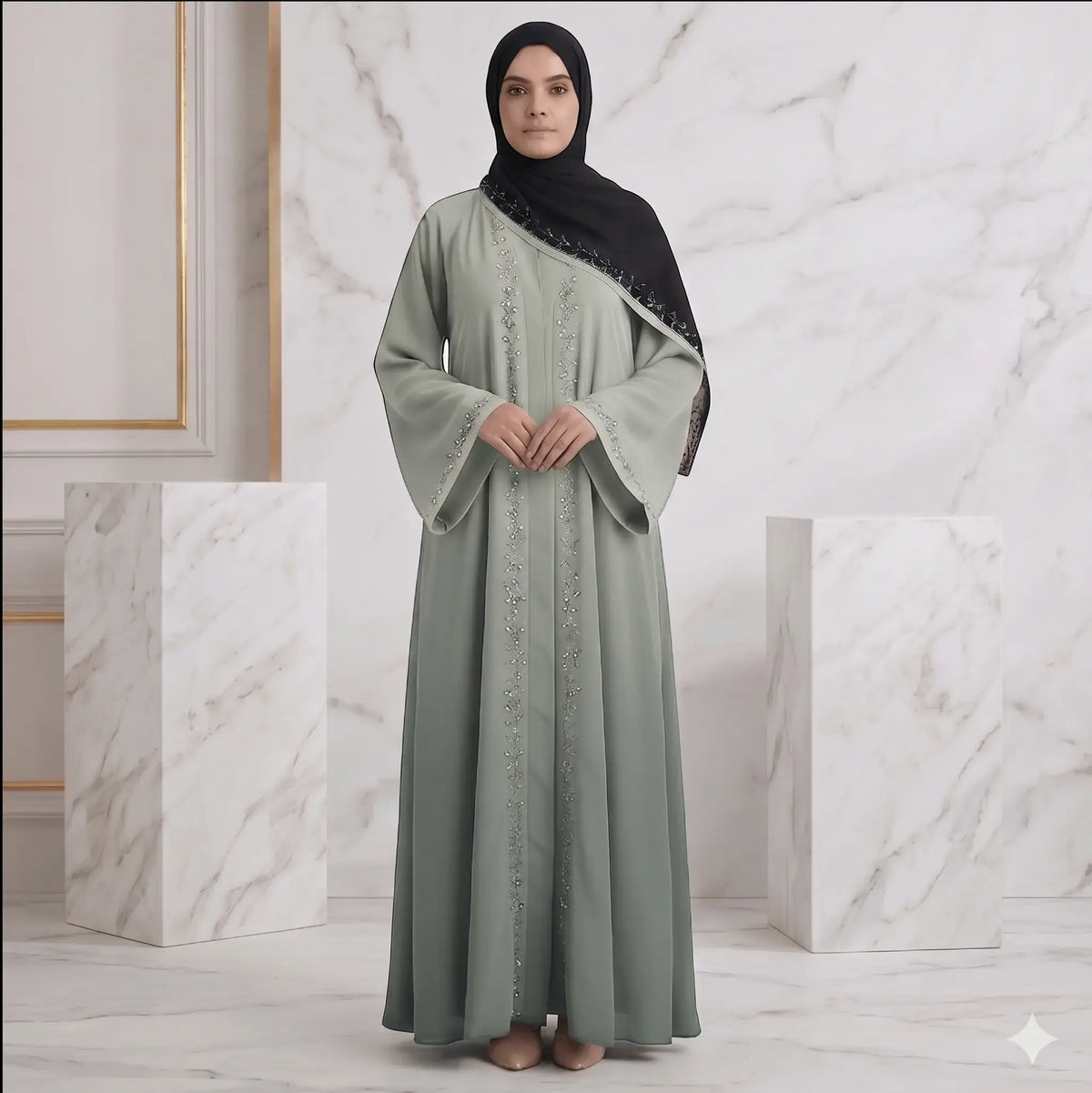 2PC Front Open Stone Work Abaya with Bell Sleeves