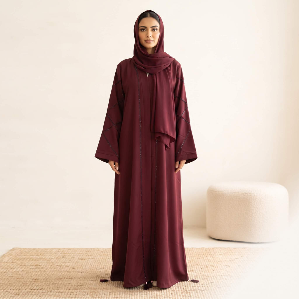 Crystal Criss-Cross Diamond Grid Tassel Front Open Abaya – 2-Piece Set