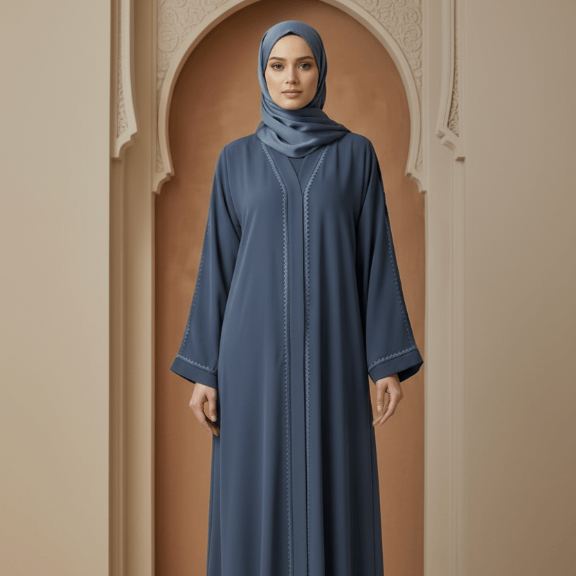Stitch Detail Open-Front Abaya with Scarf – 2 Piece Set