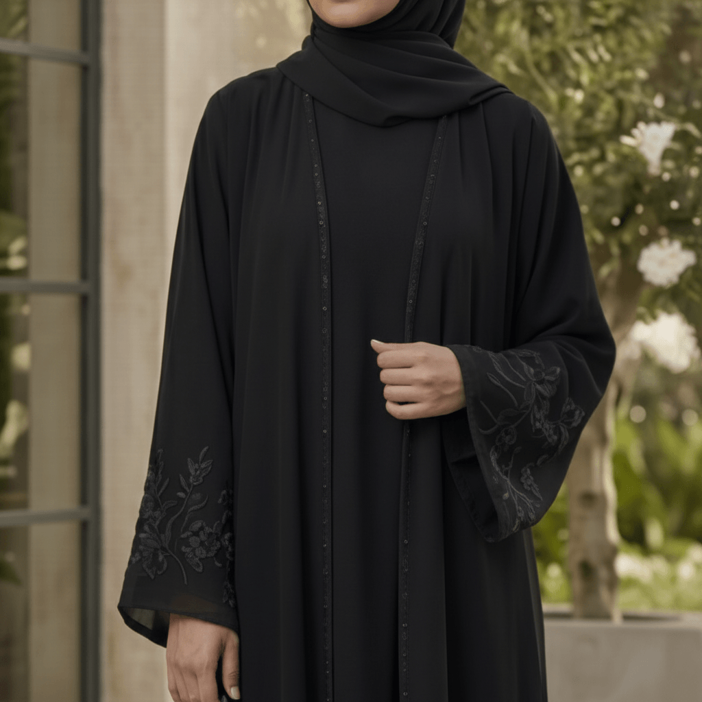 Lace Trim Abaya with Inner & Scarf – 3 Piece Set