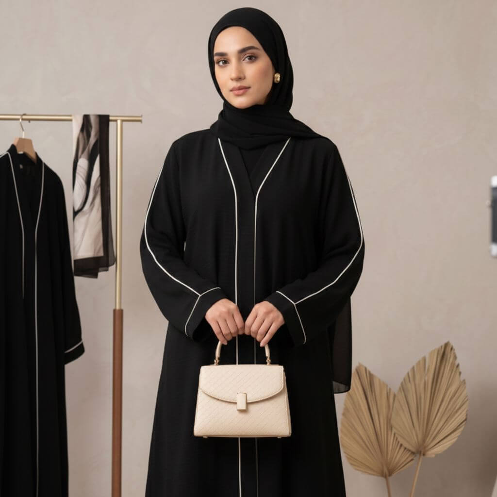 Contrast Piping Open-Front Abaya – Premium Abaya Online Canada Abaya North Abaya 
